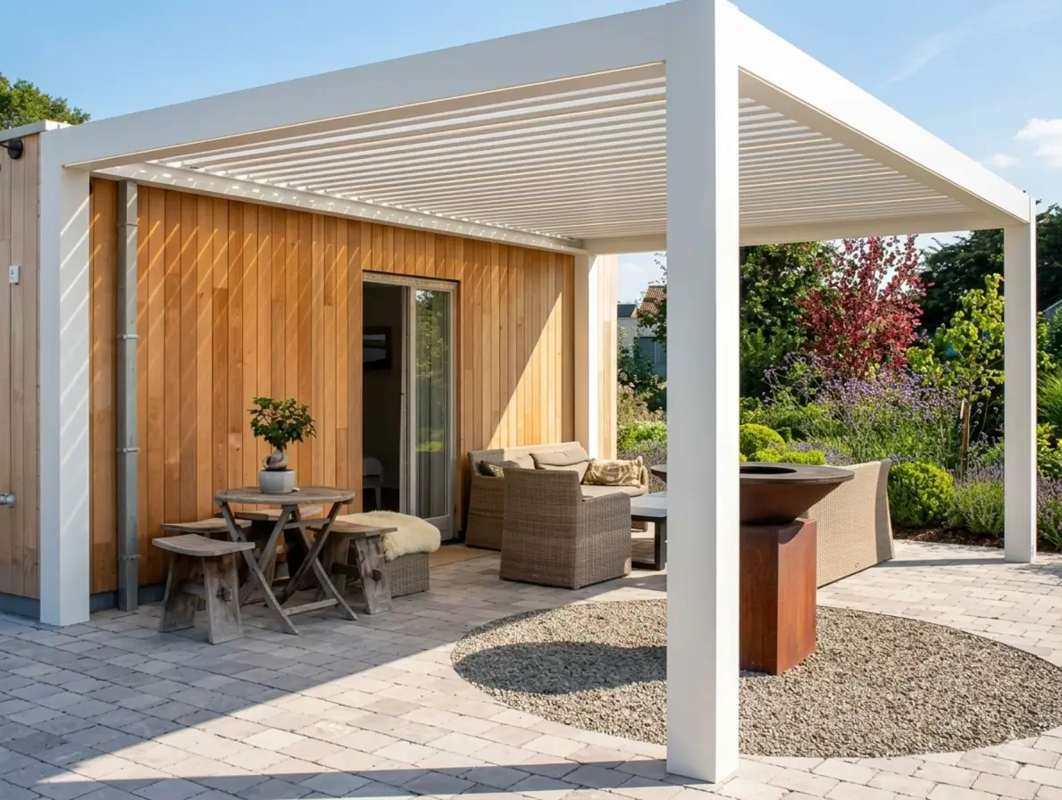 Modern white louvered pergola over a furnished patio with comfortable outdoor seating.