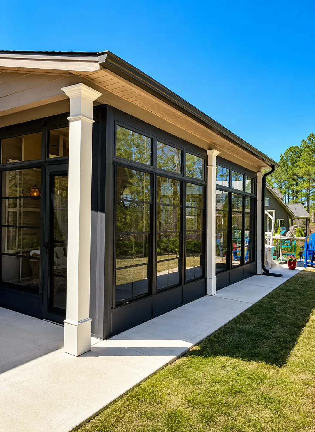 Exterior view of a white Sunspace sunroom structure on a backyard concrete patio.