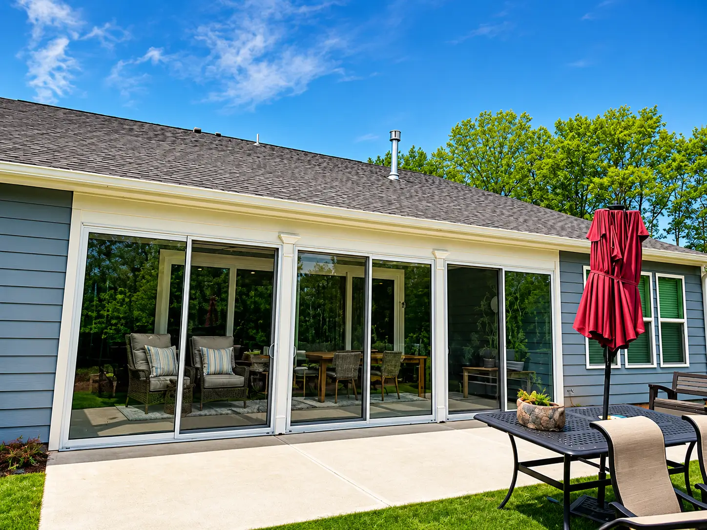 Exterior view of a Sunspace sunroom with sliding glass patio doors.