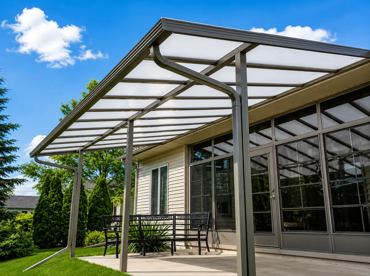 Exterior view of a modern acrylic patio cover awning featuring a translucent roof and an efficient integrated gutter system, providing shade over a concrete patio.