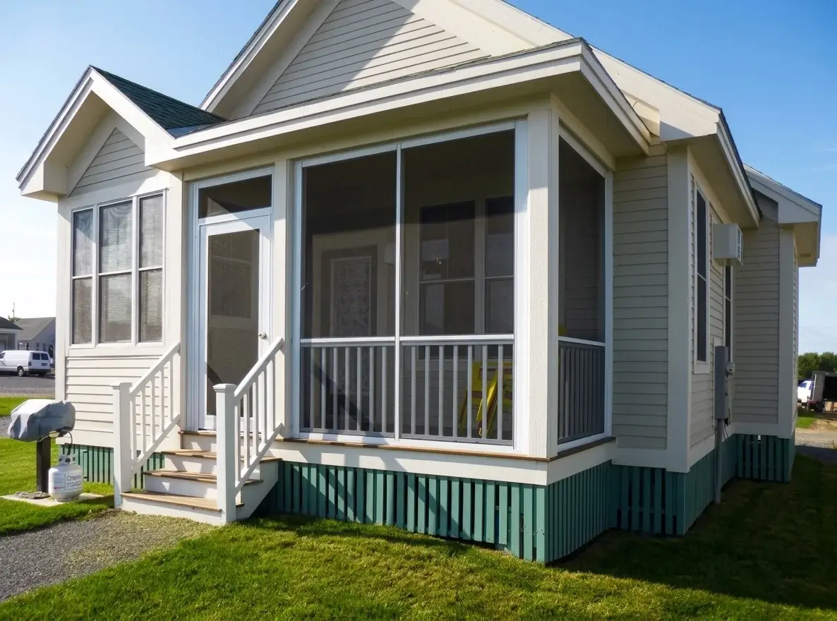 A modern home exterior featuring a bright, white-framed Sunspace screen porch addition with a gabled roof.